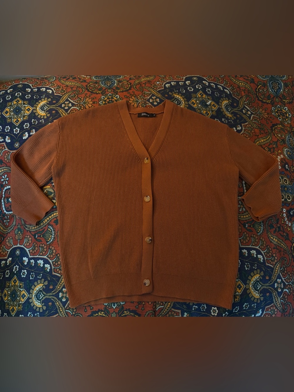 LILLUSORY Ribbed V-Neck Button Cardigan Sweater - Rust 3/4 length sleeves